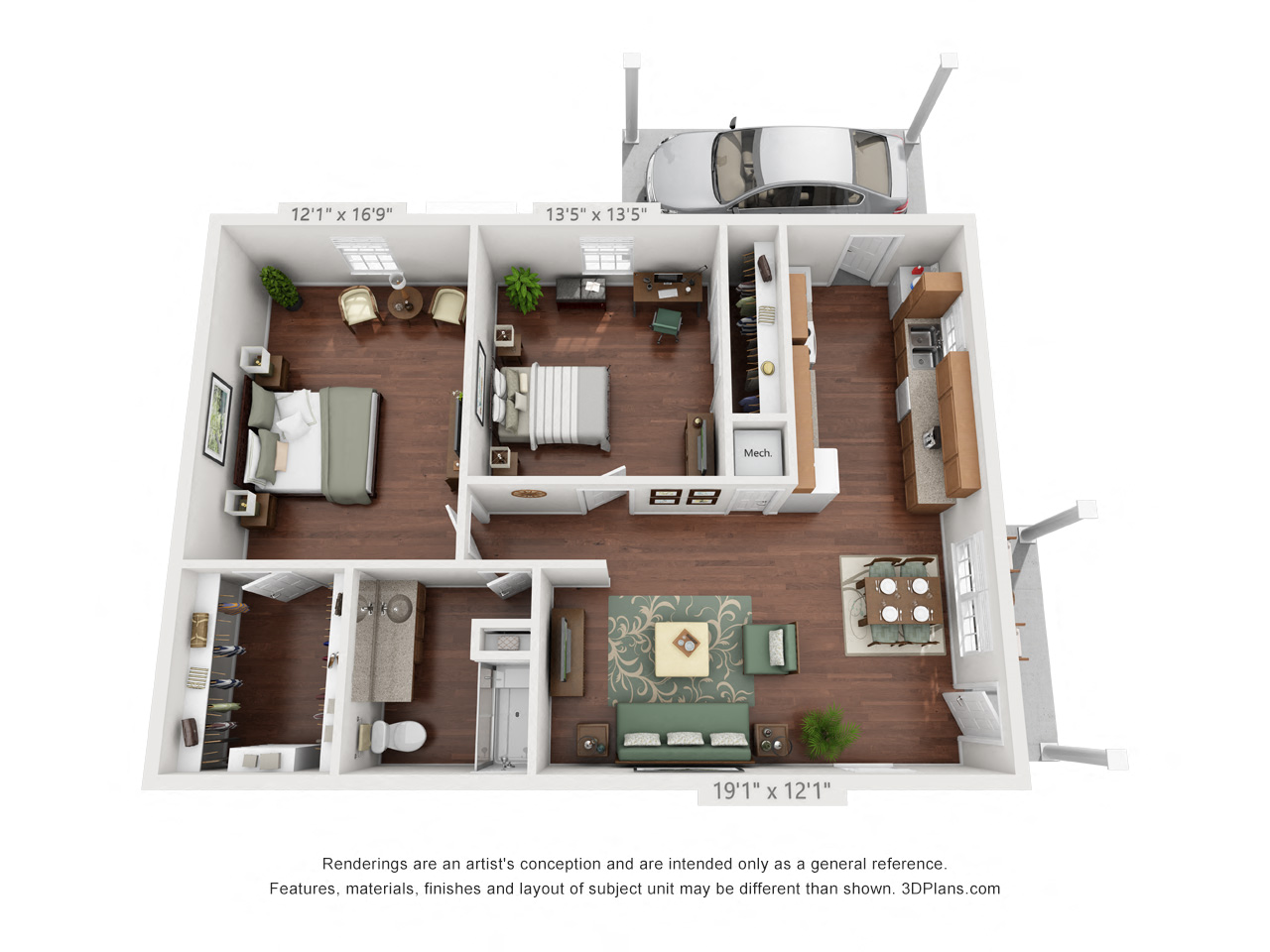 Floor plan for 2 beds, 1 bath, 950 sqft